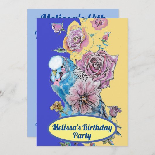 ブジブルーバード誕生日ガールズレッドローズフラワーズ 招待状 (正面/裏面)