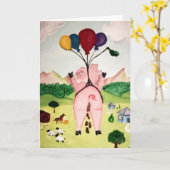 ブタがお祝いの新しい作業伝票を飛ばす時 カード (黄色い花)