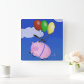 ブタがかわいいブタの風船を飛ばす スクエア壁時計 (ホーム)