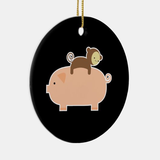 ブタで後方に乗っているベビー猿 セラミックオーナメント (右)