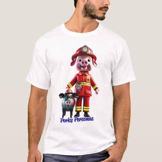 ブタのキャラクター パーソナライズ ポークパーソン おもしろい 消防士 Tシャツ (正面)