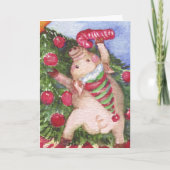 ブタのクリスマスの水彩画の絵画のクリスマス シーズンカード (正面)