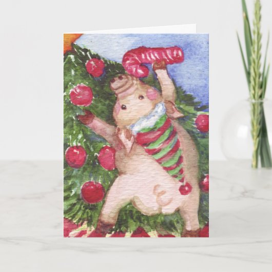 ブタのクリスマスの水彩画の絵画のクリスマス シーズンカード (正面)