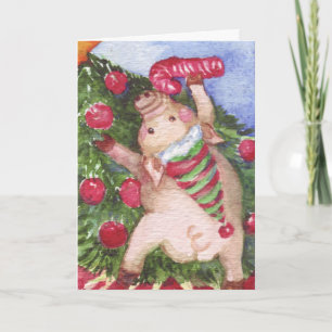 ブタのクリスマスの水彩画の絵画のクリスマス シーズンカード