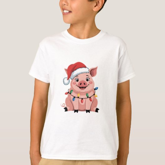 ブタのクリスマスサンタ帽子 クリスマス休日 Xmas Pigmass Tシャツ (正面)