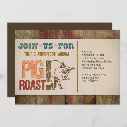 ブタのローストのバーベキューのパーティの招待状 招待状 (正面/裏面)