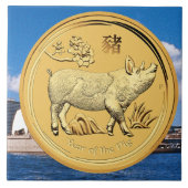 ブタの硬貨の金ゴールド年 タイル (正面)
