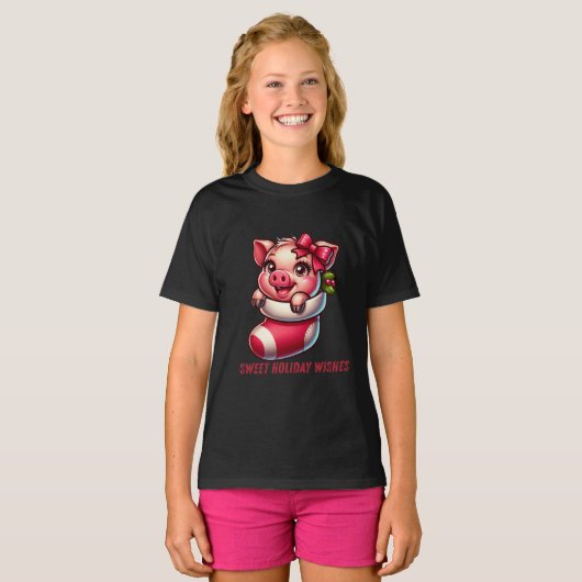 ブタの赤ちゃんのクリスマスストッキング Tシャツ (正面フル)