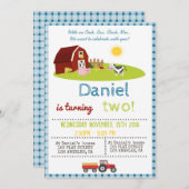 ブタの鳴き声「ブー」、羊の鳴き声「メー」、ニワトリの鳴き声「コッコッ」、牛の鳴き声「モー」付きの農場 招待状 (正面/裏面)