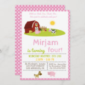 ブタの鳴き声「ブー」、羊の鳴き声「メー」、鶏の鳴き声「コッコ」、牛の鳴き声「モー」付きのファームバー 招待状 (正面/裏面)