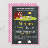 ブタの鳴き声「ブー」、羊の鳴き声「baa」、鶏の鳴き声「コッコ」、牛の鳴き声「モー」付きの農場の誕生 招待状 (正面/裏面)