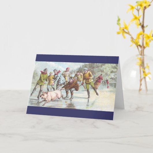 ブタは池を渡るアイススケーターを引っ張ります カード (黄色い花)