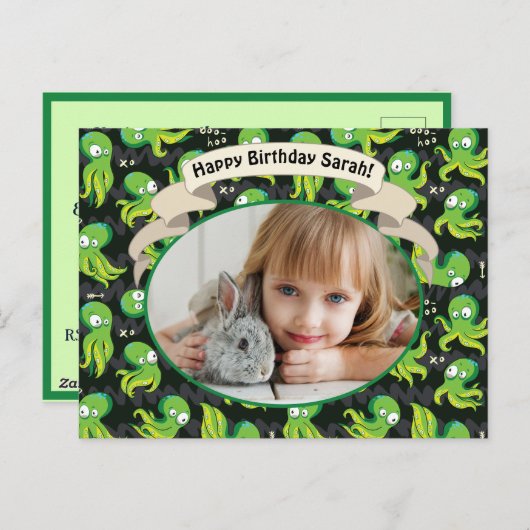 ブタコグリーンキュート子供の誕生日パーティー招待状 シーズンポストカード (正面/裏面)