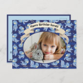 ブタコブルーキュート子供の誕生日パーティー招待状 シーズンポストカード (正面/裏面)