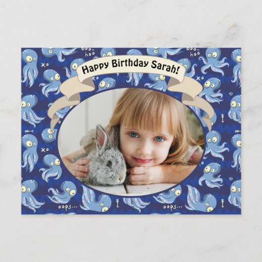 ブタコブルーキュート子供の誕生日パーティー招待状 シーズンポストカード (正面)