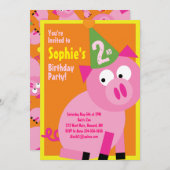 ブタ動物の子どものバースデーパーティ招待状 招待状 (正面/裏面)