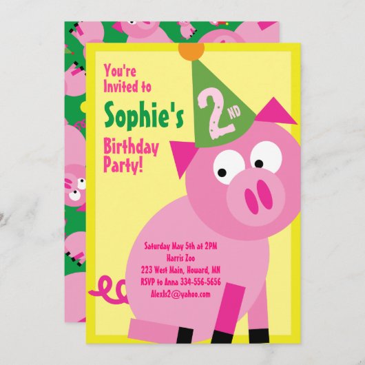 ブタ動物の子どものバースデーパーティ招待状 招待状 (正面/裏面)