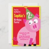 ブタ動物の子どものバースデーパーティ招待状 招待状 (正面)