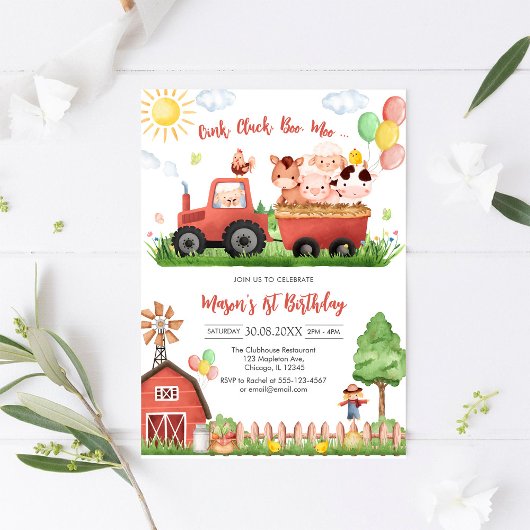 ブタ・ヒツジ・ニワトリ・ウシの牧場の誕生日 招待状