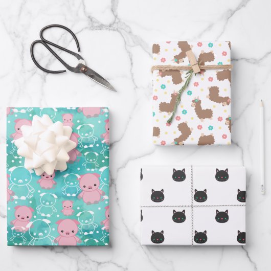 ブタ·ラマス猫と動物のかわいい柄が混ざる ラッピングペーパーシート (正面)