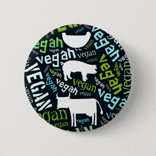 ブタ、牛及び雌鶏が付いている"ビーガン"の単語雲のモザイク 缶バッジ (正面)