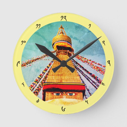 ブダナートストゥーパ、ヴィンテージヒマラヤ、ネパール/チベット ラウンド壁時計 (正面)