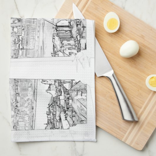 ブダペストとハンガリー議会のイラストレーション キッチンタオル (四つ折り)