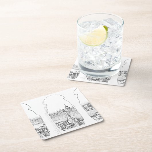 ブダペストとハンガリー議会のイラストレーション スクエアペーパーコースター (インサイチュ)