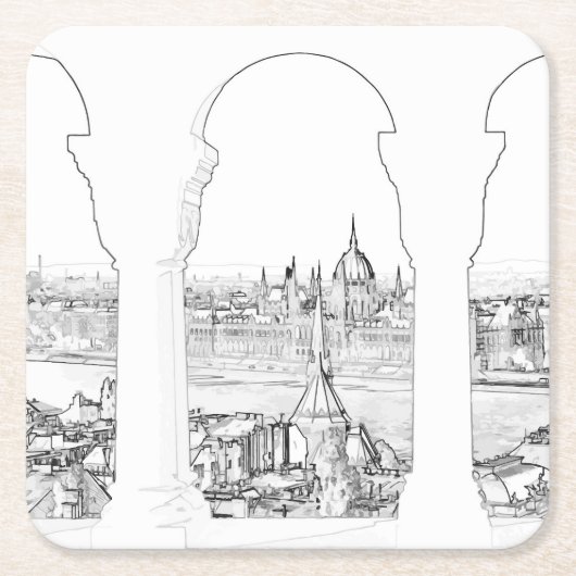 ブダペストとハンガリー議会のイラスト スクエアペーパーコースター (正面)