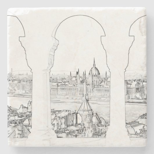 ブダペストとハンガリー議会のイラスト ストーンコースター (正面)