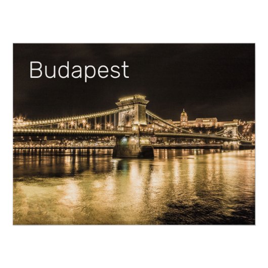 ブダペストチェーンブリッジハンガリーレトロナイトヴィンテージ ポスター (正面)
