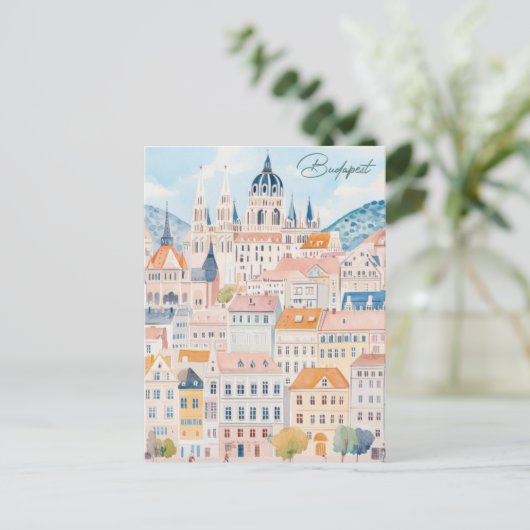 ブダペストハンガリーグアッシュ絵を描イラストレーション旅行 ポストカード (スタンド正面)