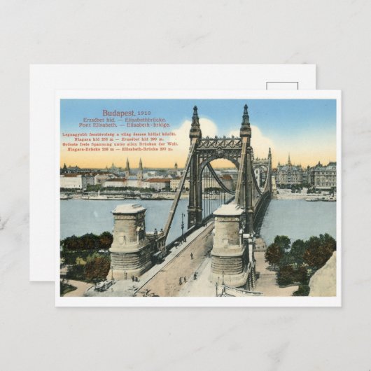ブダペスト1910ハンガリーヴィンテージエリザベス橋 ポストカード (正面/裏面)
