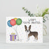 ブチ模様のボストンテリア かわいい漫画の犬 - 誕生日 招待状 (スタンド正面)