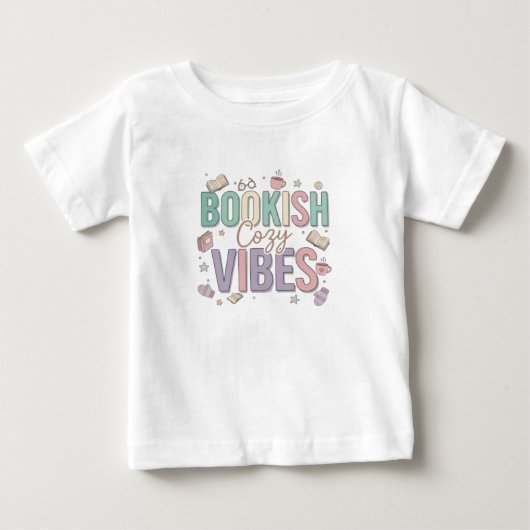 ブッキッシュで居心地の良い雰囲気の淡い色のデザイン ベビーTシャツ (正面)