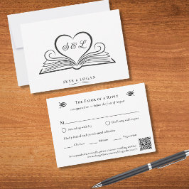 ブッキングハートモノグラム図書館結婚式RSVPカード 出欠カード