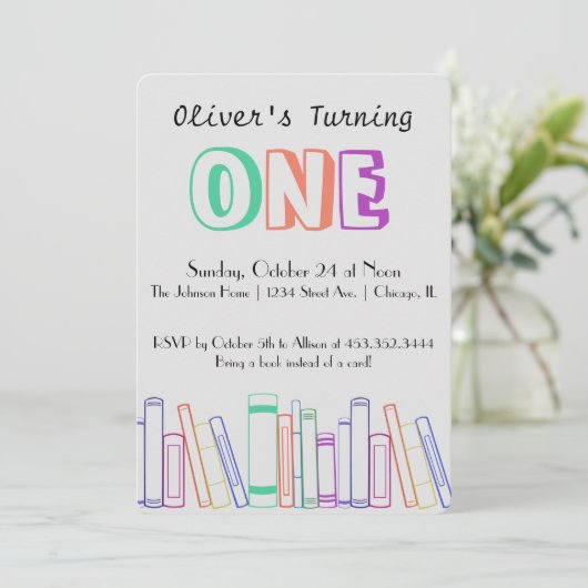 ブックをテーマにした最初の誕生日パーティーの招待状 招待状 (スタンド正面)