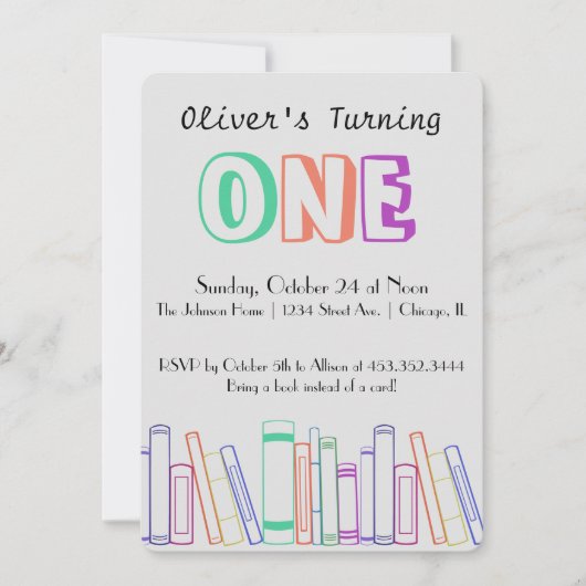 ブックをテーマにした最初の誕生日パーティーの招待状 招待状 (正面)