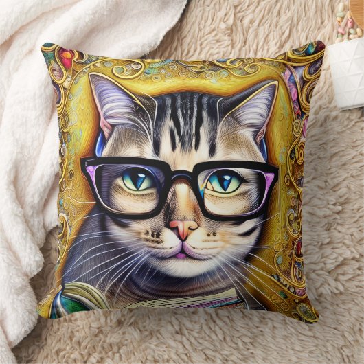 ブックアートワークした眼鏡をかけている猫 クッション (ブランケット)