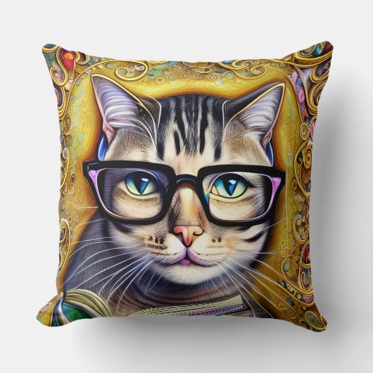 ブックアートワークした眼鏡をかけている猫 クッション (正面)