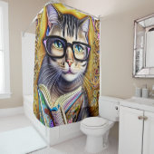 ブックアートワークした眼鏡をかけている猫 シャワーカーテン (インサイチュ)