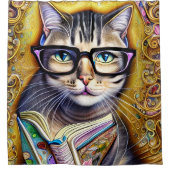 ブックアートワークした眼鏡をかけている猫 シャワーカーテン (正面)