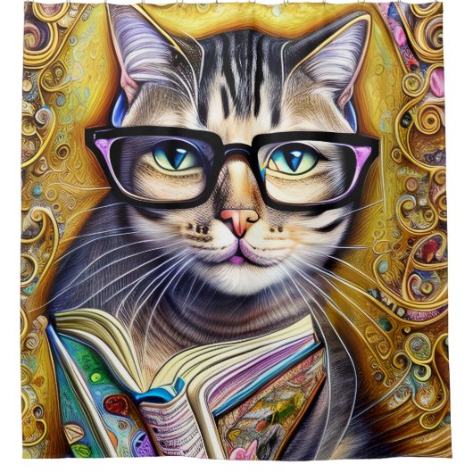 ブックアートワークした眼鏡をかけている猫 シャワーカーテン (正面)