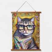 ブックアートワークした眼鏡をかけている猫 吊り下げ型タペストリー (正面2)