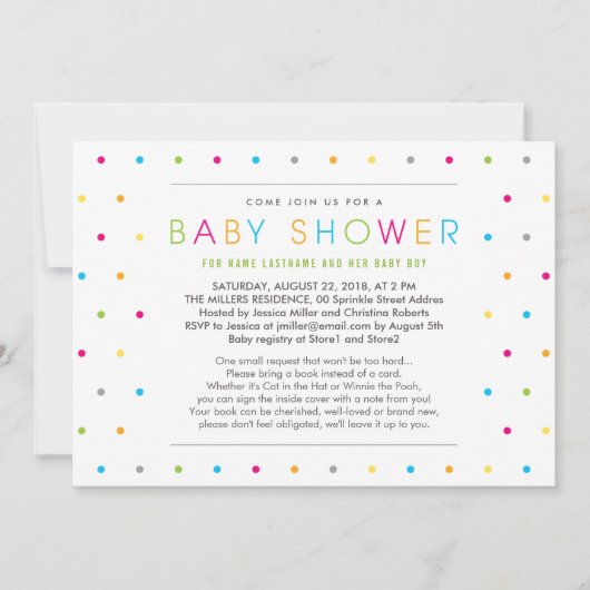 ブックカラードットを持って行く赤ちゃんシャワー招待状 招待状 (正面)