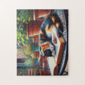 ブックガーデンの上で眠る三毛猫絵画猫 ジグソーパズル (縦)