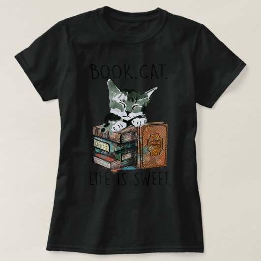 ブックキャッツライフは猫の愛読本好き Tシャツ (デザイン正面)