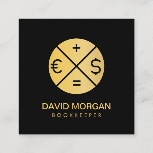 ブックキーパーカリキュレータ黒と金ゴールド スクエア名刺 (正面)
