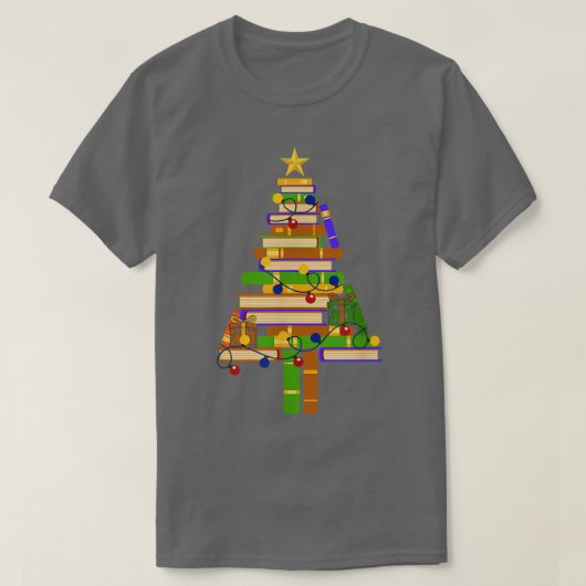 ブッククリスマスツリー読ライトの書籍図書館員 Tシャツ (デザイン正面)