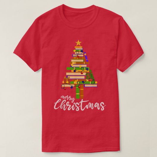ブッククリスマスツリー読ライトの書籍図書館員 Tシャツ (デザイン正面)